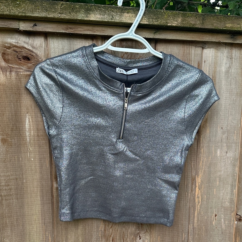Size S Zara Shimmering Silver Tee